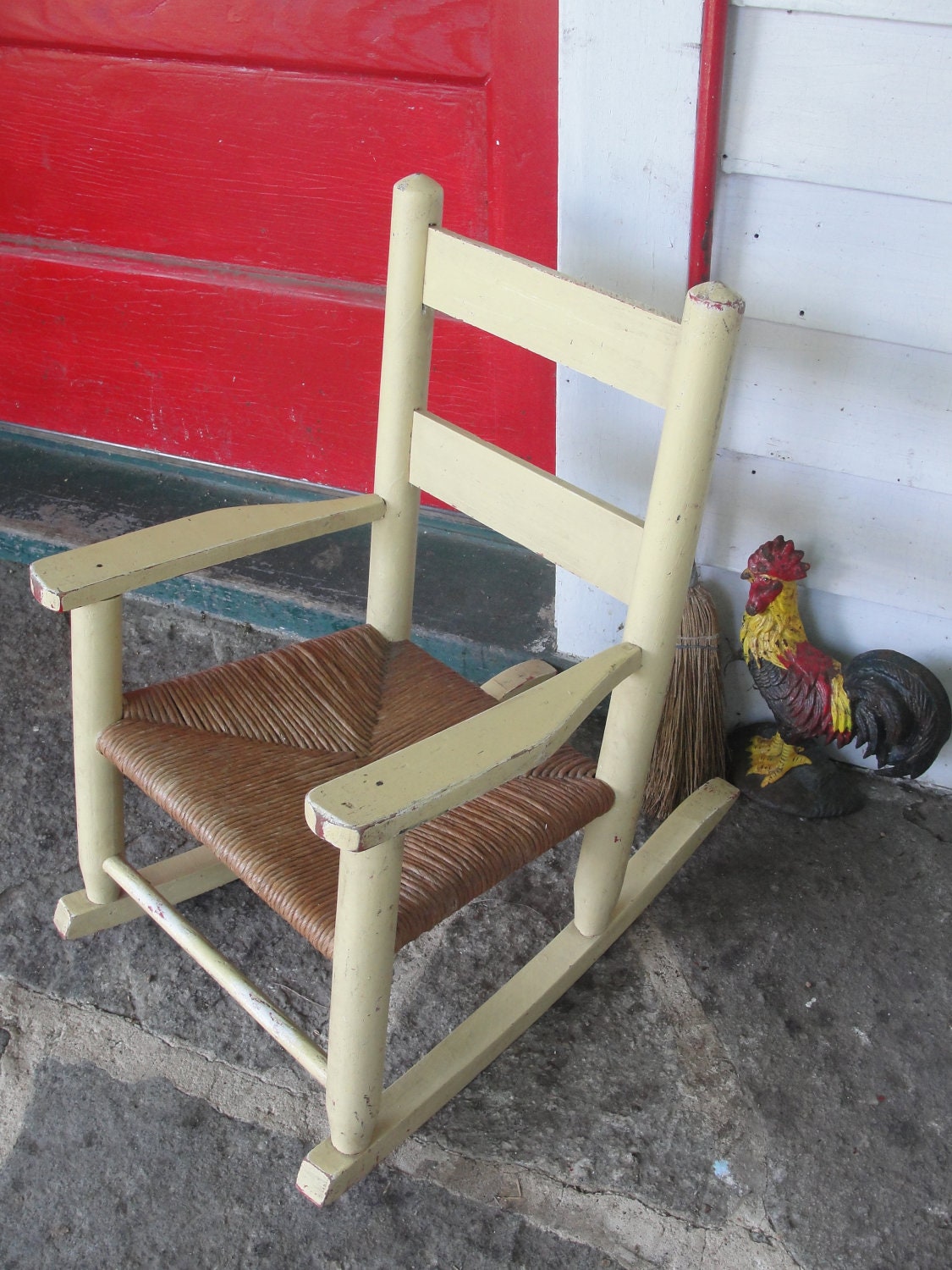 vintage child's rocking chair rush seat ladder back
