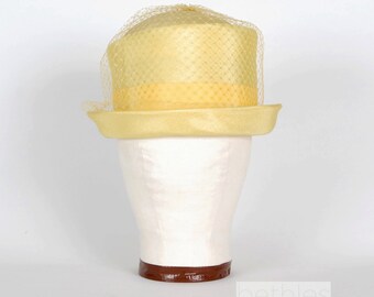 1950s Hat Yellow Hat with Grosgrain Ribbon and Birdcage Veil Easter Hat Vintage 50s Derby Hat