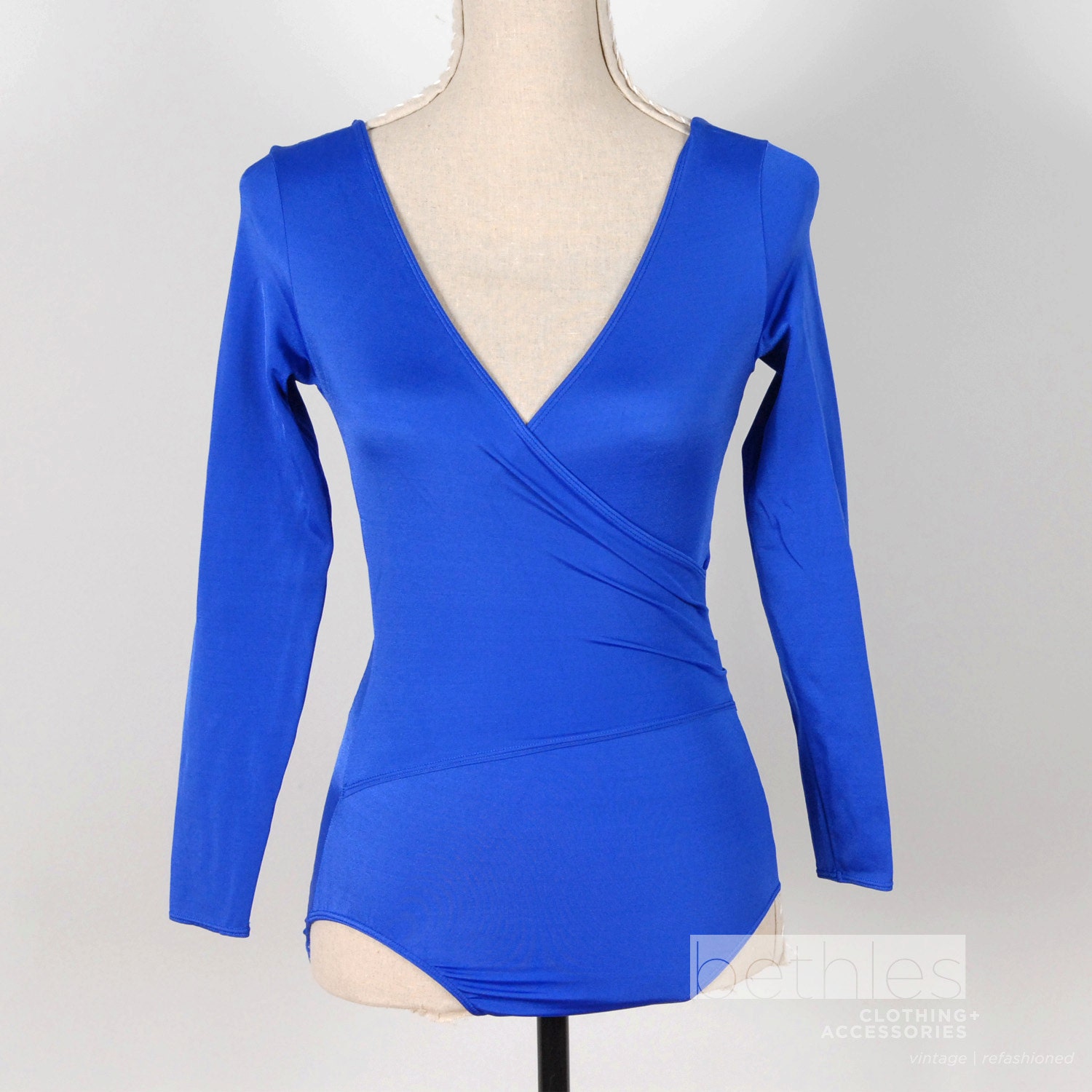 Blue Leotard Wrap Front Long Sleeves Body Suit by Bethlesvintage