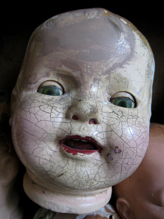 Various Vintage Creepy Doll Heads Wood Display Macabre Bizarre