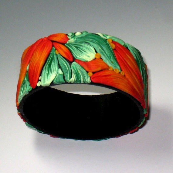 Items similar to Polymer clay bangle bracelet , fall flowers, red gold orange black green on Etsy