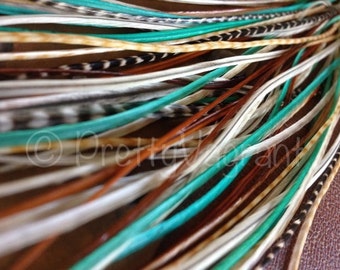 Feather Extensions Turquoise Dream Mix - LONG Feather Hair Extensions Kit 6 Bonded Rooster Feathers with threader / 1 Bundle