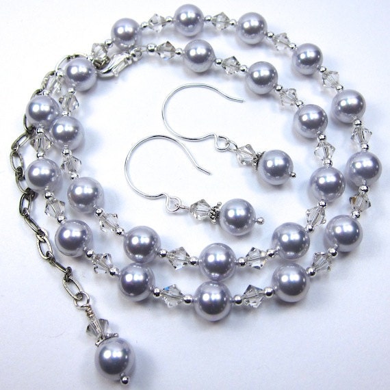 Light Purple Lavender Pearl Necklace Combo with Crystal Silver Shade Swarovski Crystals Necklace and Earring Set