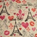 Vintage Paris J'Done Travel Eiffel Tower Script Hearts Cotton Fabric