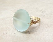 Light Aqua Sea Glass Ring:  Brass Wire Wrapped Ring, Seafoam Green, Mint Green Beach Jewelry