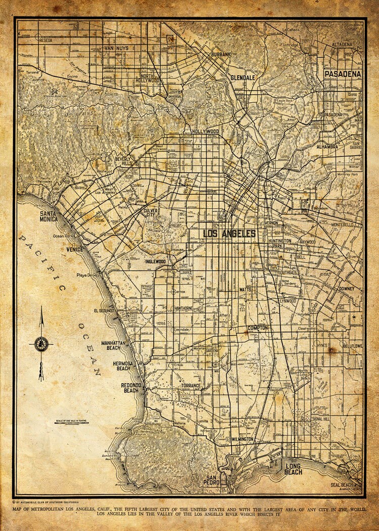 Los Angeles Map City Street Map Vintage Sepia Grunge Print