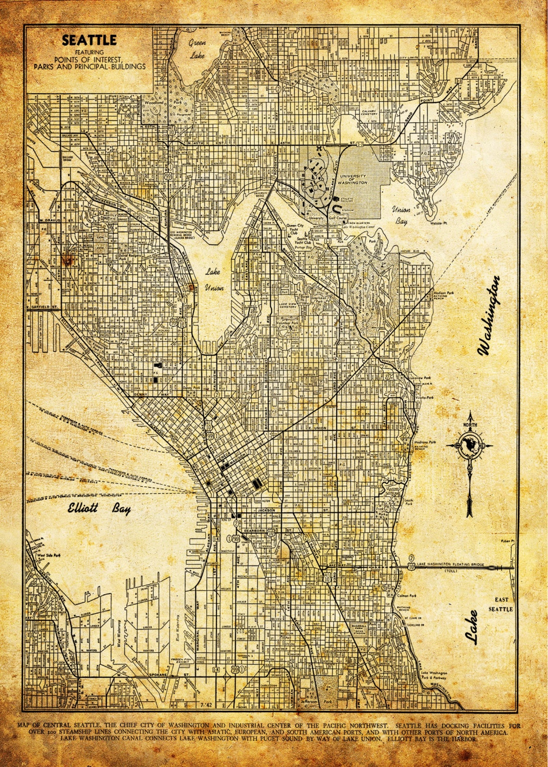 Seattle Map City Street Map Vintage Sepia Grunge Print
