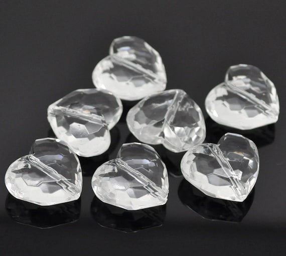 20 Large CLEAR Faceted Acrylic Lucite Hearts Beads