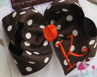 Fall Thanksgiving Bow --- large brown and white polka dot bow with orange embroidered inital --- you choose initial