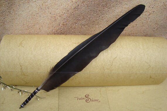 Ballpen: Black Raven Crow Feather Quill silver with leather