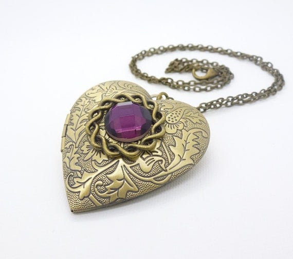 Purple locket necklace Heart locket necklace Antique bronze