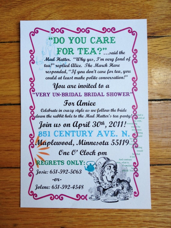 Mad Hatter Tea Party Bridal Shower Invitations 5