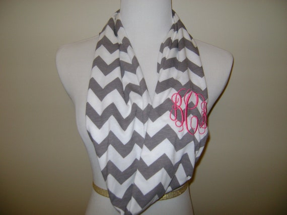 Monogrammed Infinity scarf -  grey and white chevron knit / zig zag