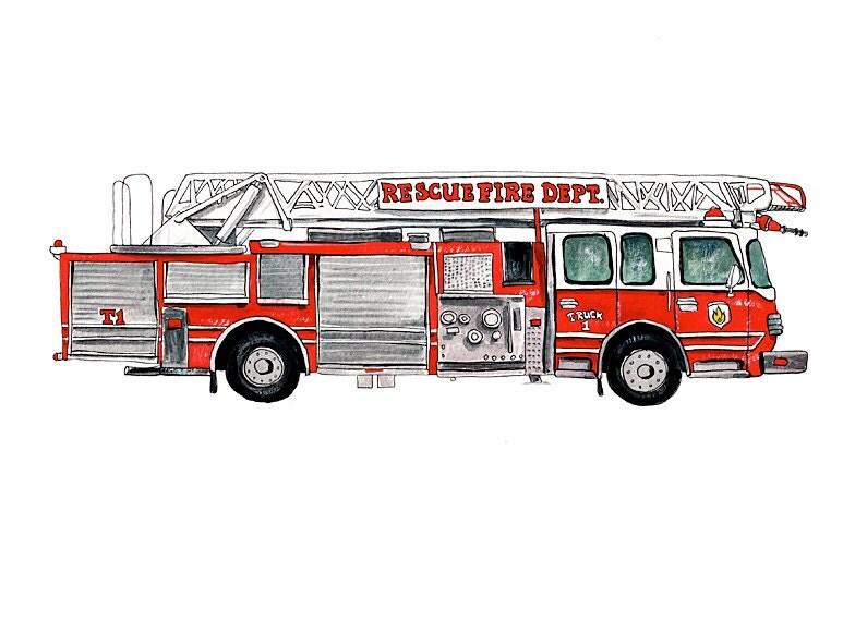 Modern Fire Truck vehicle watercolor print 8x10