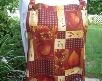Autumn fall women's full apron, Thanksgiving apron, fall colors rust orange tan brown, acorns/leaves size 16XL flexible sizing, leaf buttons