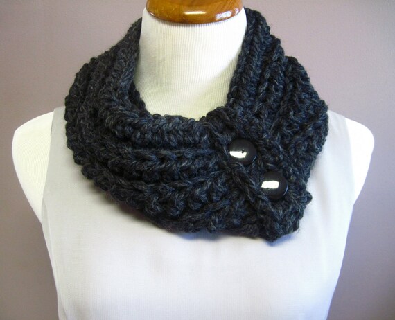 Crochet Cowl Neckwarmer Charcoal Black with Black Buttons