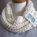 Chunky Bulky Crochet Neckwarmer Cowl: Off White with Blue Buttons