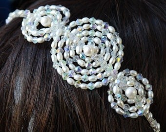 pearl crystal headband - freshwater pearl & clear AB crystal side tiara ivory rice pearl silver bridal alice band headband