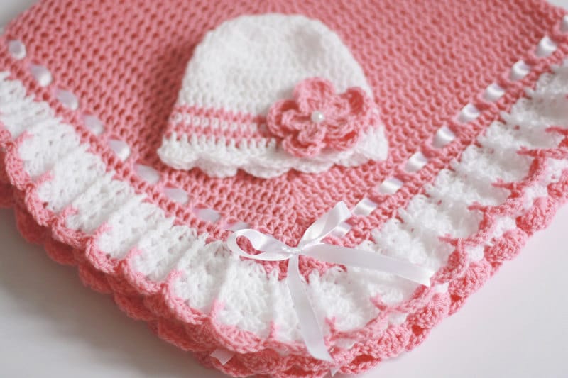 Crochet Baby Blanket / Afghan and Hat Pink White Christening Etsy