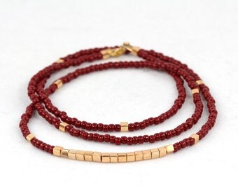 Long Beaded Necklace in Oxblood and Gold