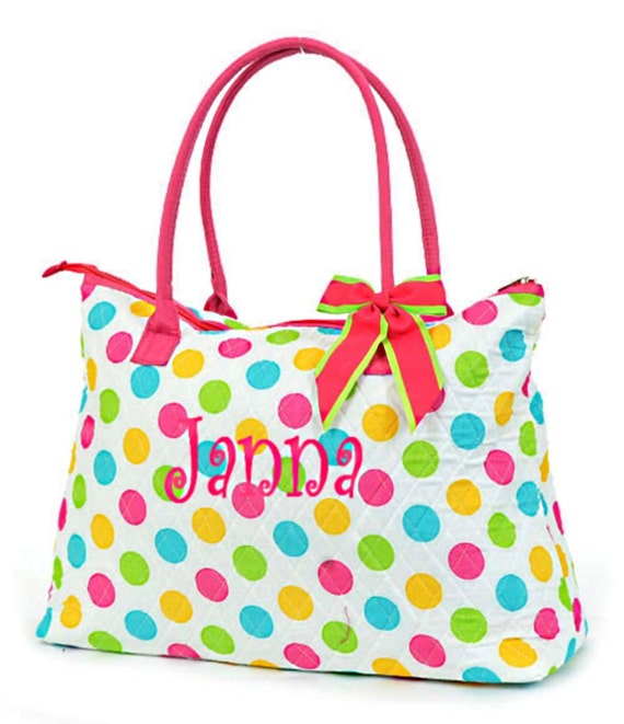 Personalized Large Tote Bag Polka Dot on White Quilted Overnight Bag ...