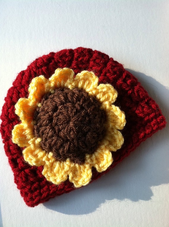 Crochet Hat with Flower, Cranberry Red Hat, Yellow Sunflower Hat, Halloween Hat, Newborn, Little Girl Hat, Child Hat, Autumn Hat, Halloween