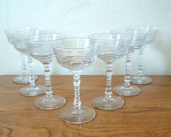 Vintage Etched Champagne Coupe Glasses Set of 7 Mid Century