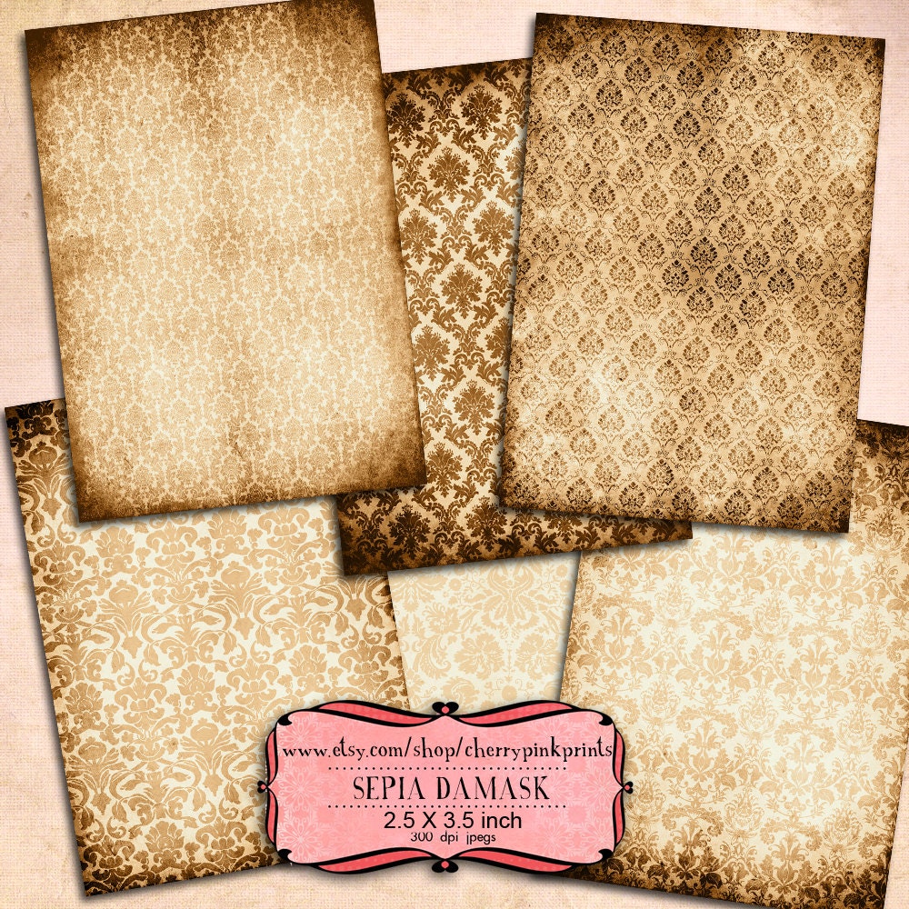 SEPIA DAMASK digital collage sheet vintage paper 2.5 x 3.5