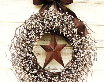 Fall Wreath-Primitive Door Wreath- Fall Door Decor-CHOCOLATE BROWN & White Star Wreath-Country Primitive Decor-Custom Made Scented Wreaths