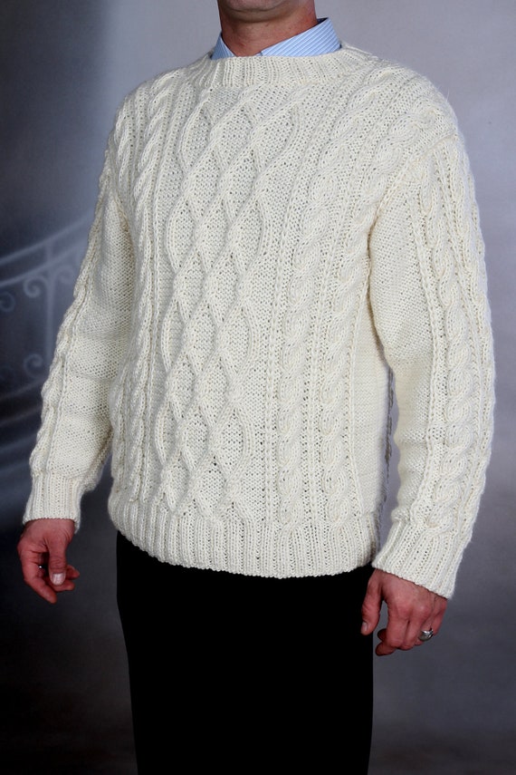 Sweater mens hand knit White XXL