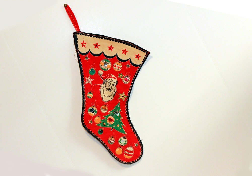 Vintage Felt Christmas Stocking Adorned with Sequins / Santa