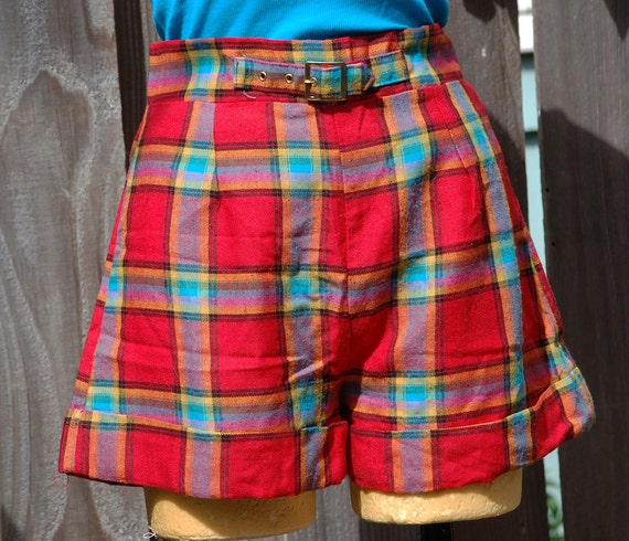 Items similar to Vintage Red Plaid Flannel Short Shorts, High Waisted ...
