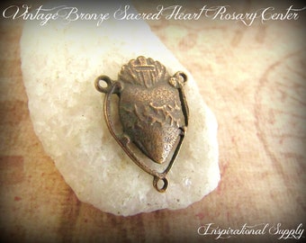 Vintage Bronze Sacred Heart of Jesus/Mary Reversible Rosary Centerpiece - 572