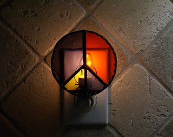 Stained Glass Peace Symbol Night Light - Handcrafted Authentic Stained Glass - Black Patina Finish