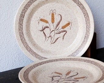Homer Laughlin Heavy China Dinner Plates, Wheat Speckled Wide Band Vintage Dinnerware Set