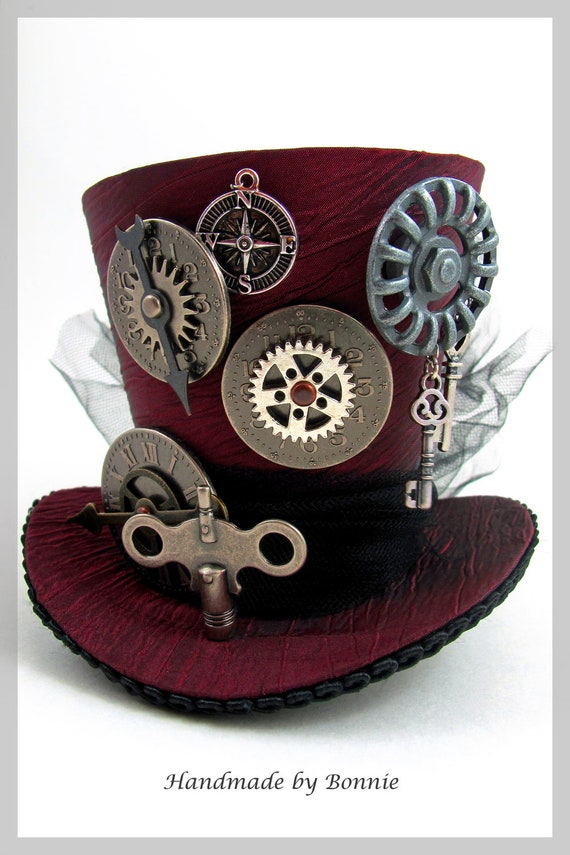 Download Items similar to Steampunk Mini Top Hat - Burgundy with ...