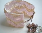 Pale pink bracelet, soft pink bracelet, creamy white bracelet, wide beaded bracelet cuff in chevron pattern