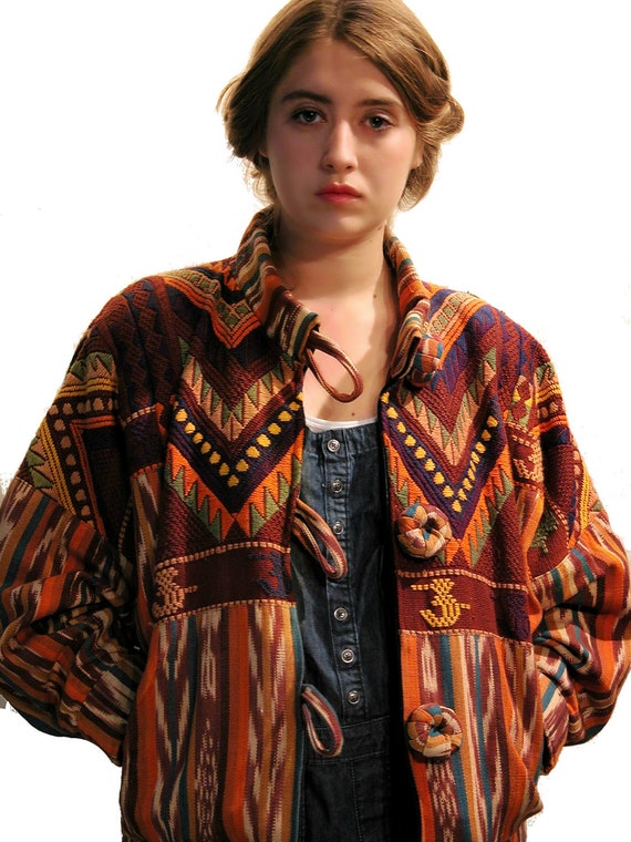 Vintage ikat woven jacket coat tapestry autumn satin