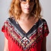 Red Hand Made 80s Vintage Indian Native American Top // Tribal Print // Eagle // Beads Fringe soft tee shirt // oversize 1980s