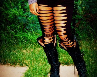 Ripped Leggings, Cut Leggings, Black Slashed Leggings - Womens Leggings - Cotton Nylon