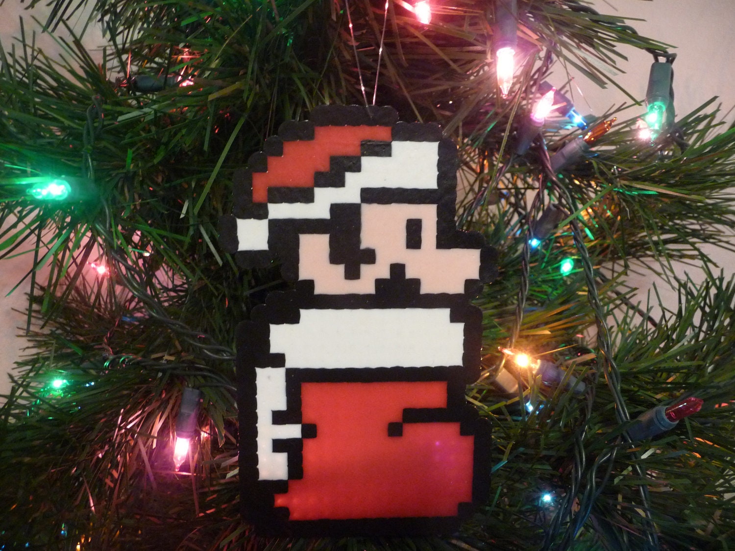 Santa Hat Mario in a Stocking Perler Bead Christmas Ornament