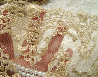 Gold Lace Trim, Vintage Lace Fabric Trim, Embroidery Lace Trim Gold Mesh Lace,