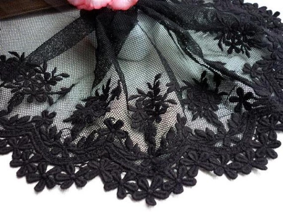 Black Lace Fabric Trim Embroidered Mesh Lace Floral Leaf
