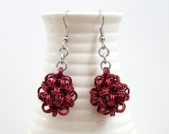 Red chainmaille earrings, mini dodecahedrons