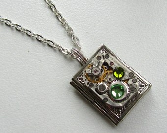 Steampunk book locket necklace Watch movement Swarovski crystals Birthday Women gift ideas photo locket necklace silver locket Gift for Her