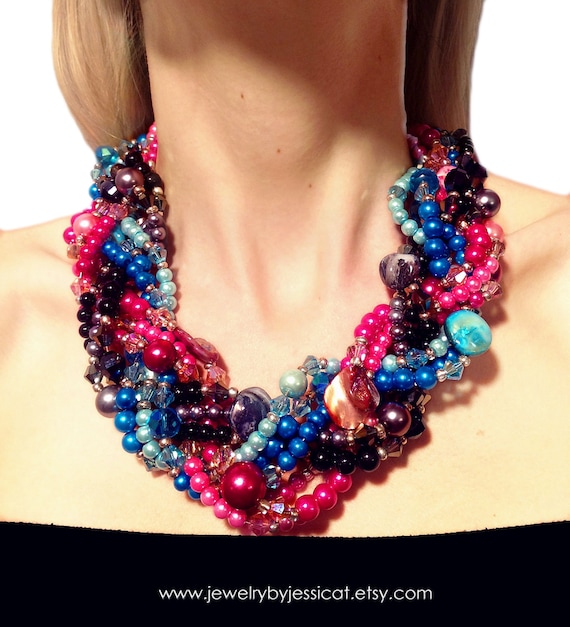 GRAND TWISTED Statement Necklace Pink Magenta Turquoise