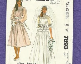 Vintage 1982 McCalls 7893 Wedding Dress with Smocking on the Bodice and Peplum Size 8 UNCUT