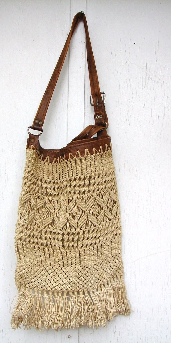 Items similar to Hippie Boho Macrame Bag Tote with Leather Strap Vintage Late 60s Early 70s on Etsy