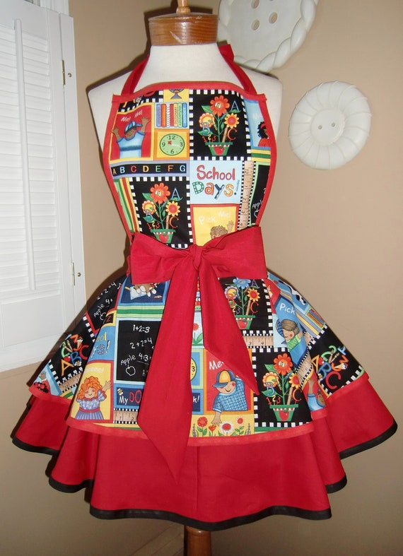 School Teacher Print Womans Retro Apron With Tiered Skirt and