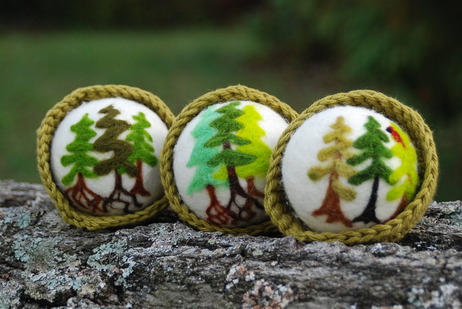 Handmade Christmas Ornament Fresh Pine Scent 1 Felted Wool Ball 1 Crochet Bowl